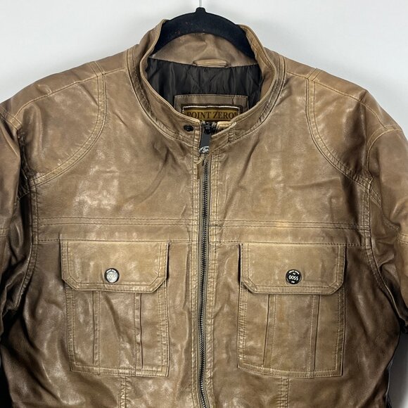 Point Zero Faux Leather Bomber Jacket Size S Brown Long Sleeve Band Collar Zip - Picture 2 of 9
